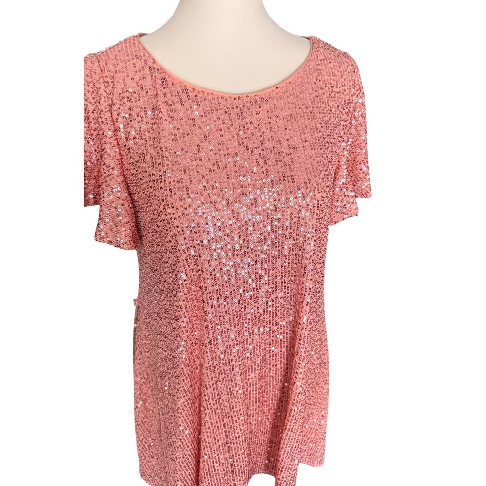 LC Lauren Conrad Pink Peach Sequin Flutter Sleeve Shift Dress Size Medium - Picture 2 of 11